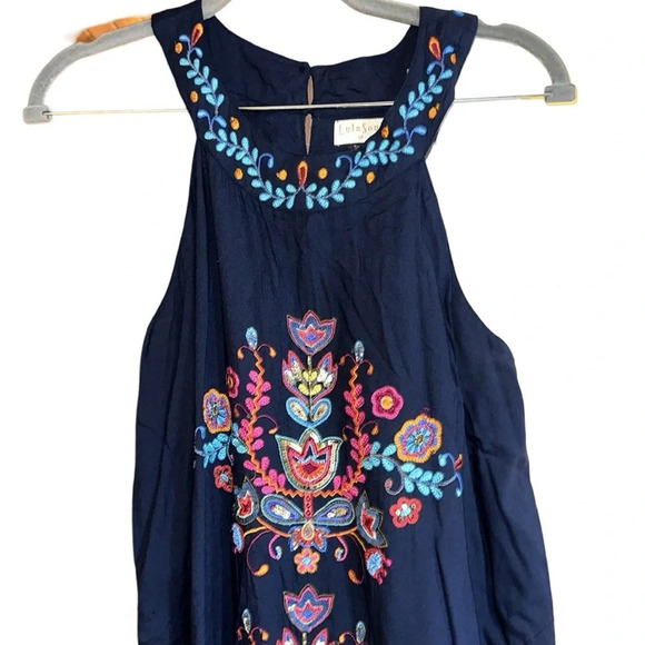 LulaSoul Navy Blue Embroidered Halter Dress Size Medium - Picture 3 of 10